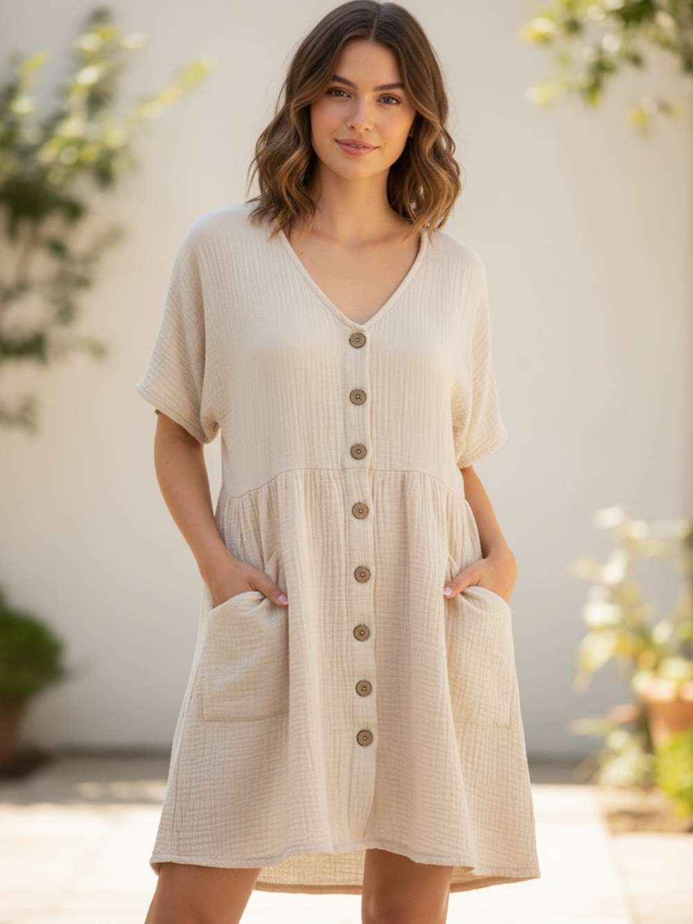 By Together Cottage Core Prairie Cream  Oversized Cotton Dress Womens Small